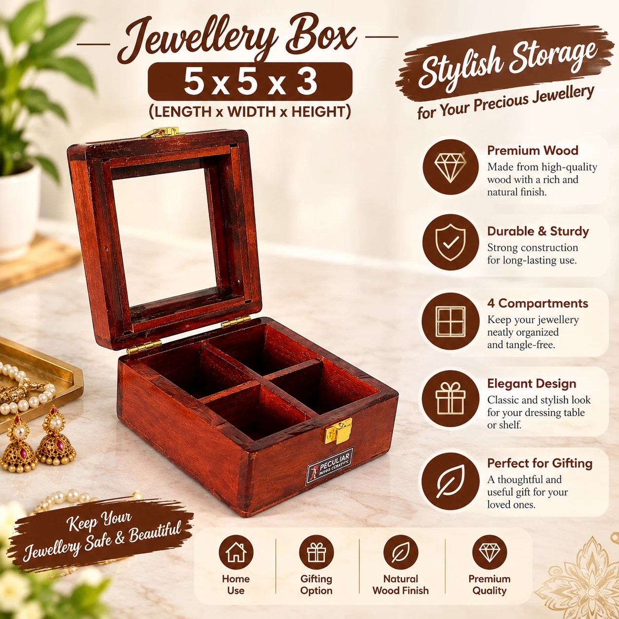 Wooden Jewellery Box | Handcrafted Teak Wood Jewellery Organizer | 4 Compartments | 5 x 5 x 3 Inch