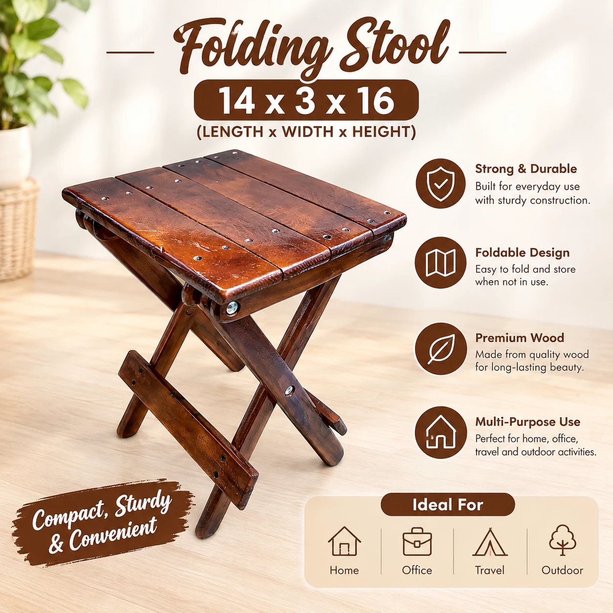 Wooden Folding Stool | Deodar Wood Portable Stool | Foldable Seat for Home, Office & Travel | 14 x 3 x 16 Inch
