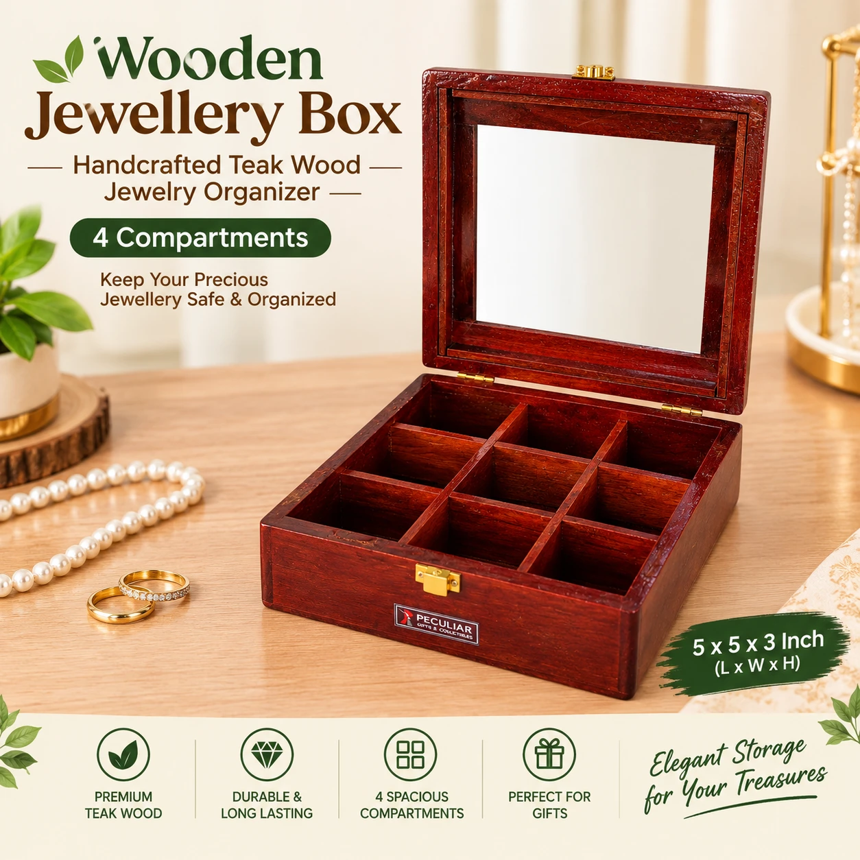 Wooden Jewellery Box | Handcrafted Teak Wood Jewellery Organizer | 4 Compartments | 8 x 8 x 3 Inch