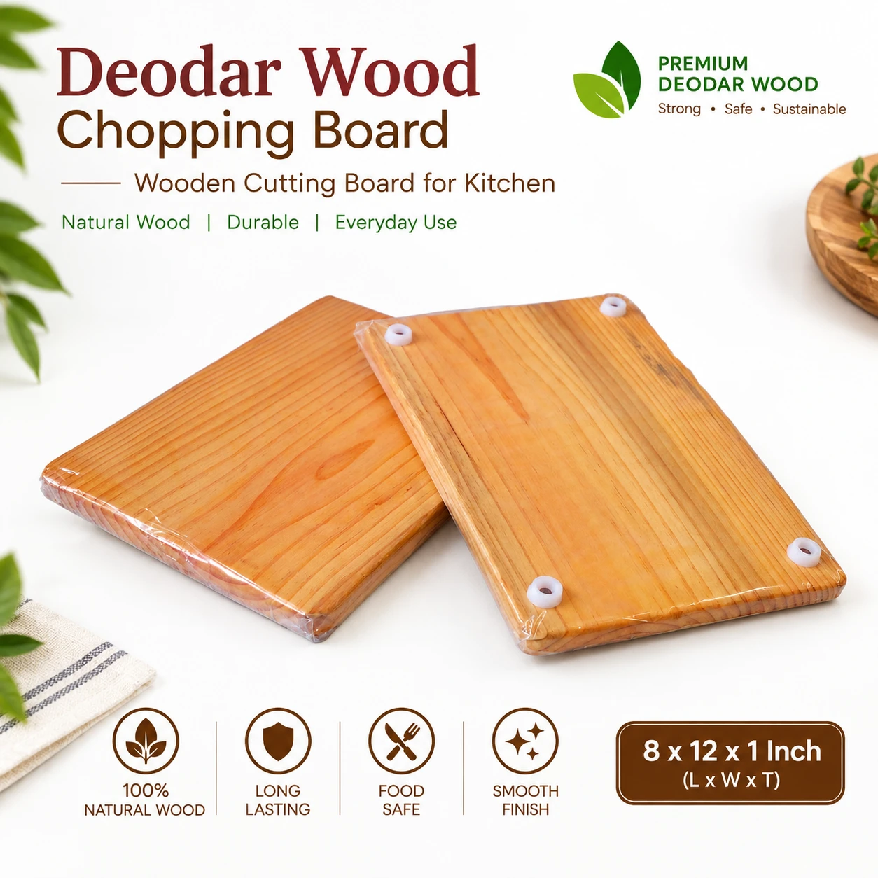 Deodar Wood Chopping Board | Wooden Cutting Board for Kitchen | 8 x 12 x 1 Inch