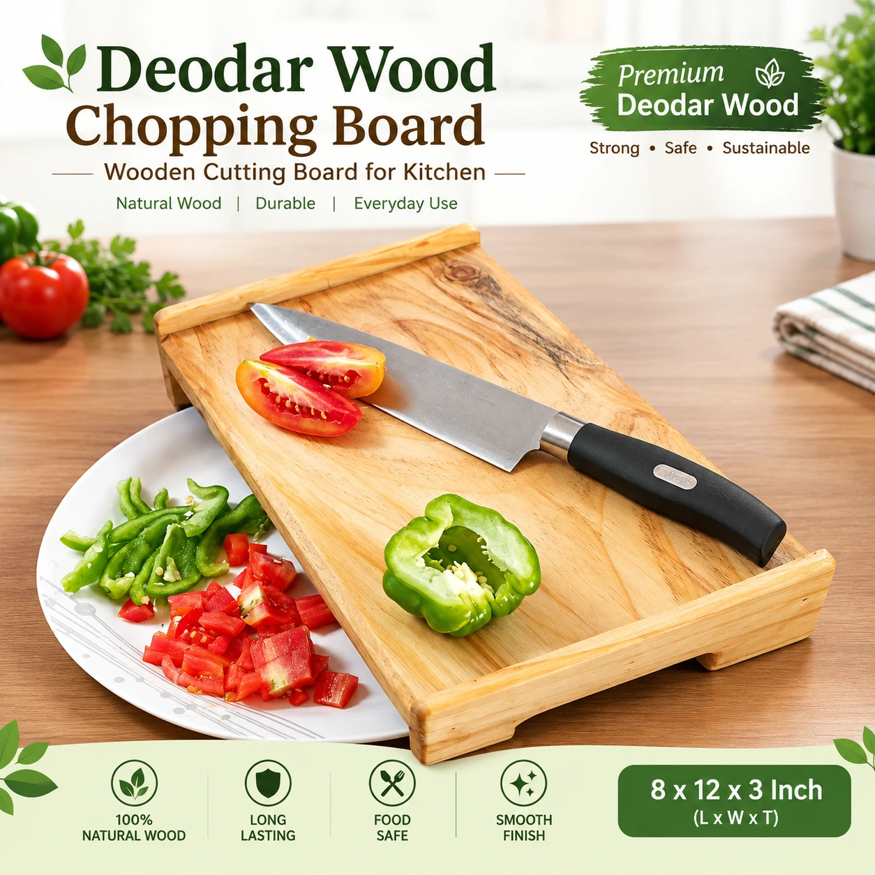 Deodar Wood Chopping Board | Wooden Cutting Board for Kitchen | 8 x 12 x 3 Inch