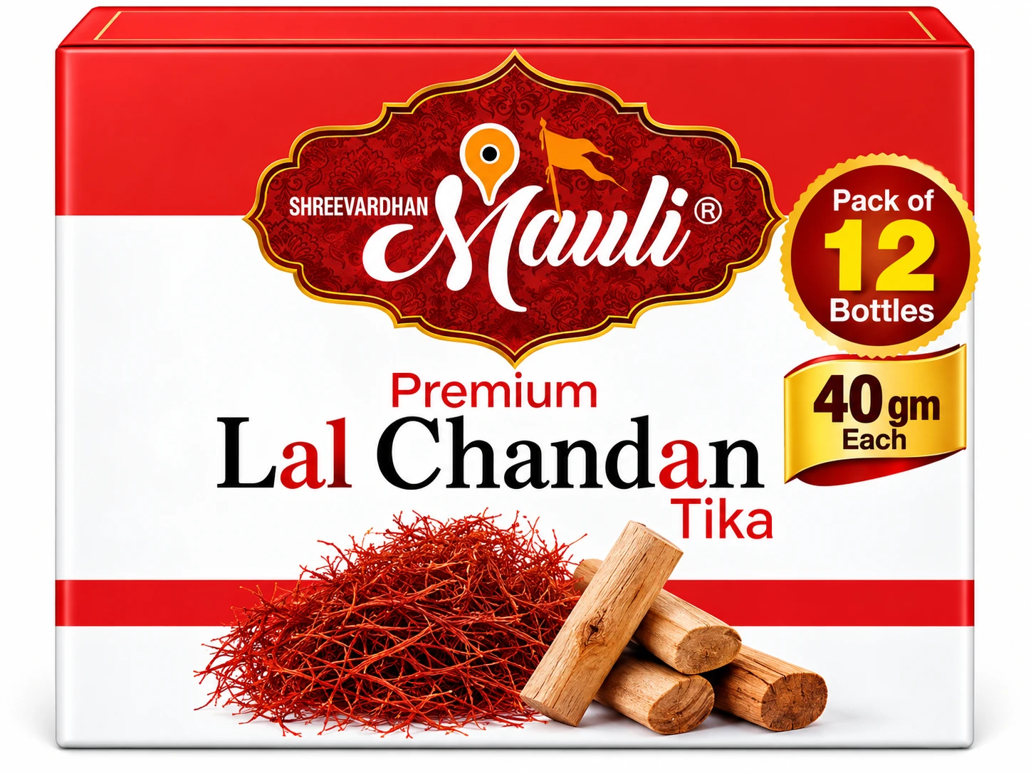 Mauli Premium Lal Chandan Tika | Pack of 12 Bottles | 40 gm each
