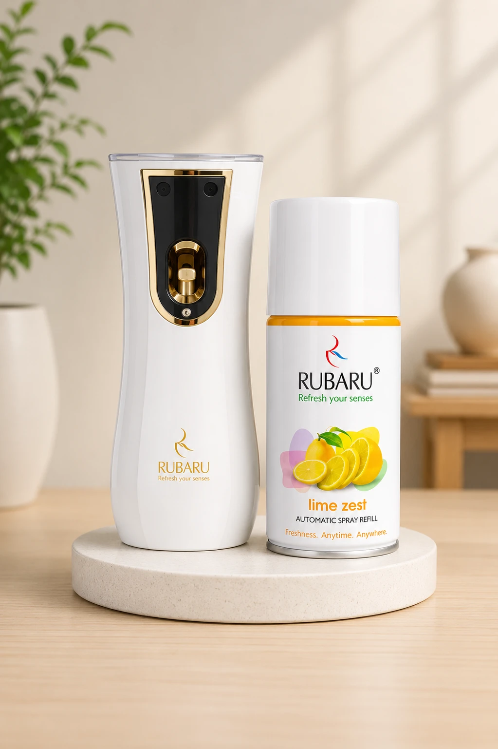 RUBARU Automatic Air Dispenser (Combo) – Citrus (Lime Zest) Air Neutralizer Spray Refill (300 ml)