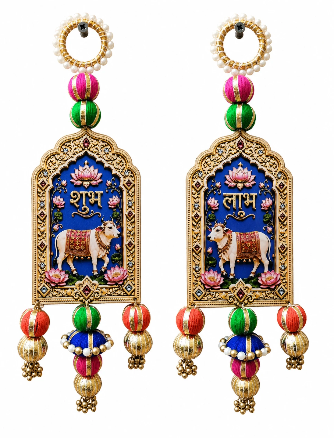 Shubh Labh Cow & Lotus Wall Hanging Set – Traditional Indian Home & Pooja Decor