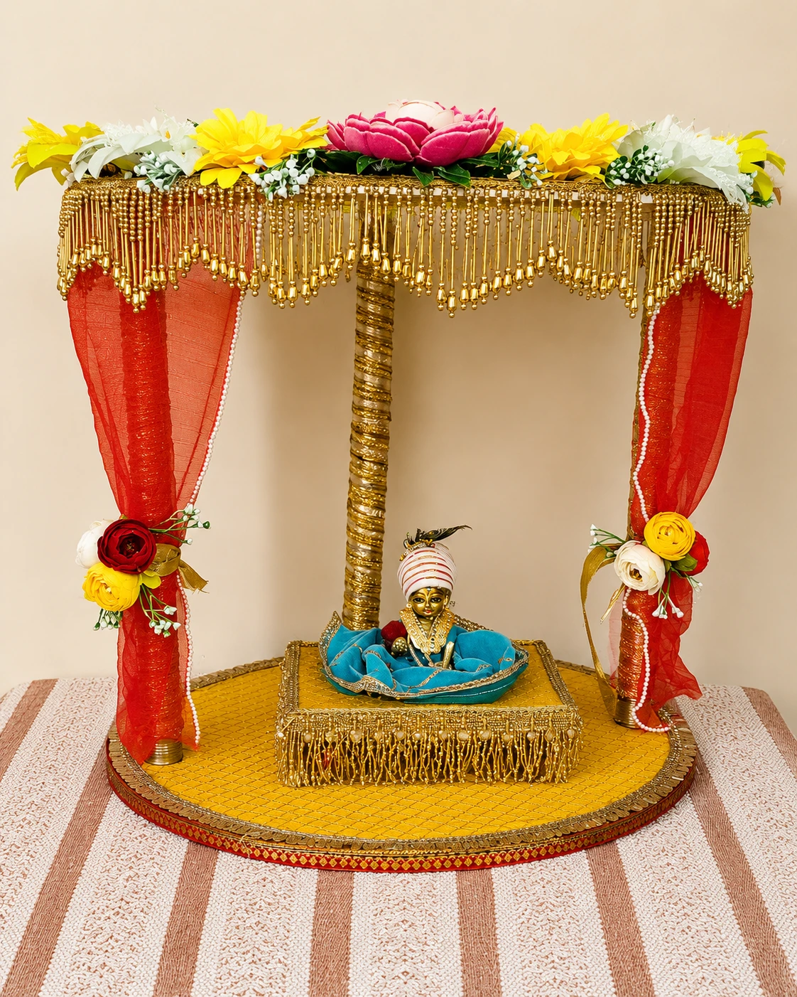 Ganpati Bappa Decoration Mandap – Foldable MDF Ganesh Decoration Set with Floral Canopy