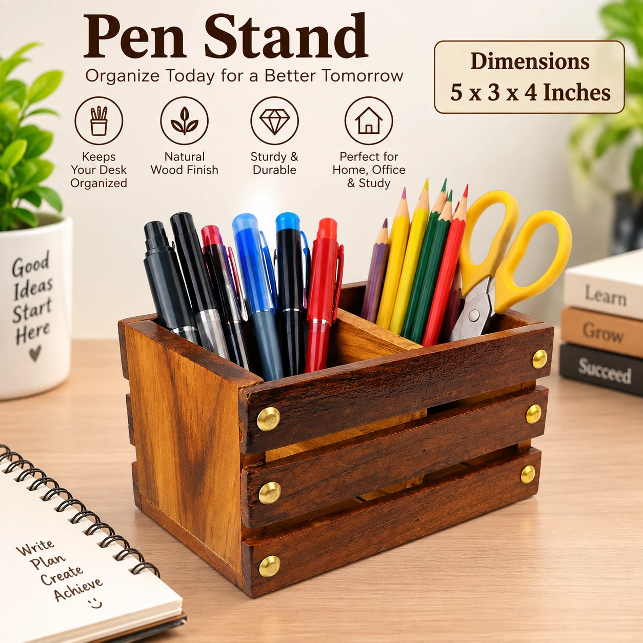 Wooden Pen Stand / Desk Organizer - 5×3×4