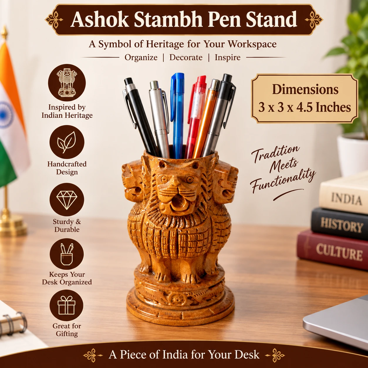 Ashok Stambh Pen Stand – Handcrafted Wooden Desk Organizer - 3x3x4.5
