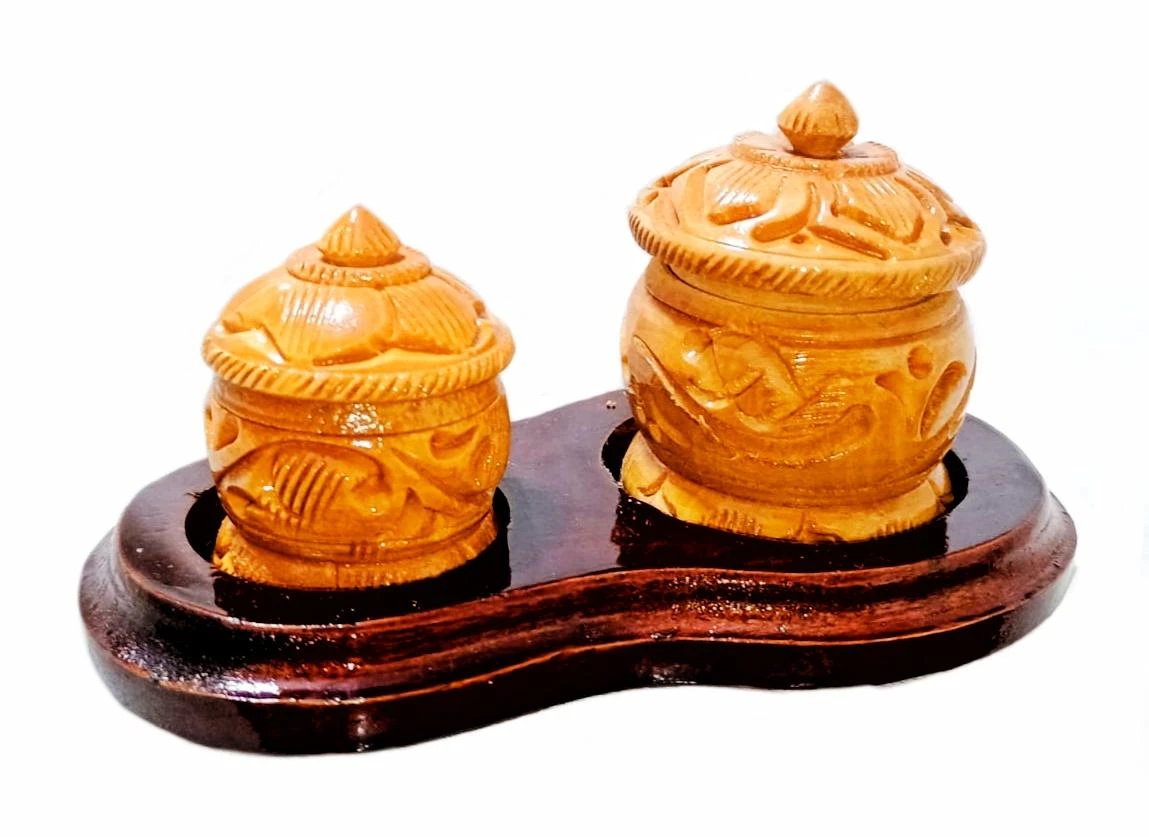 Haldi Kunku Karanda Set – Traditional Wooden Kumkum & Haldi Container