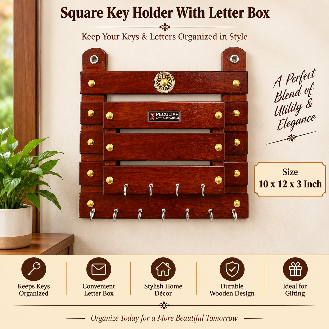Square Key Holder With Letter Box – Wooden Wall Mounted Key Organizer - 10x12x3