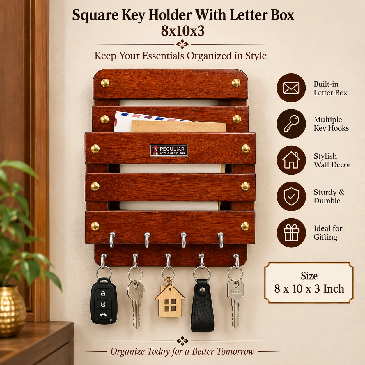 Square Key Holder With Letter Box Wooden Wall Hanging Key Organizer - 8x10x3