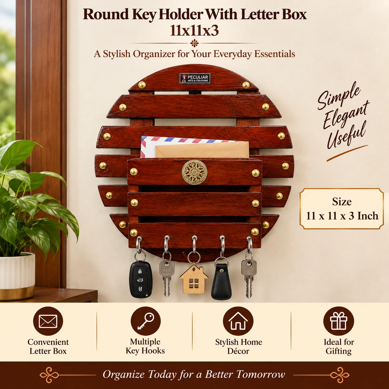 Round Key Holder With Letter Box – Wooden Wall Hanging Organizer - 11x11x3