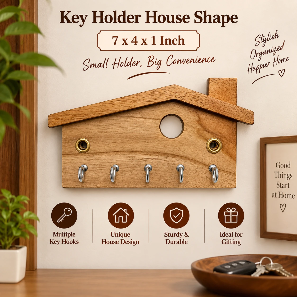 Key Holder House Shape – Wooden Wall Hanging Key Organizer - 7x4x1