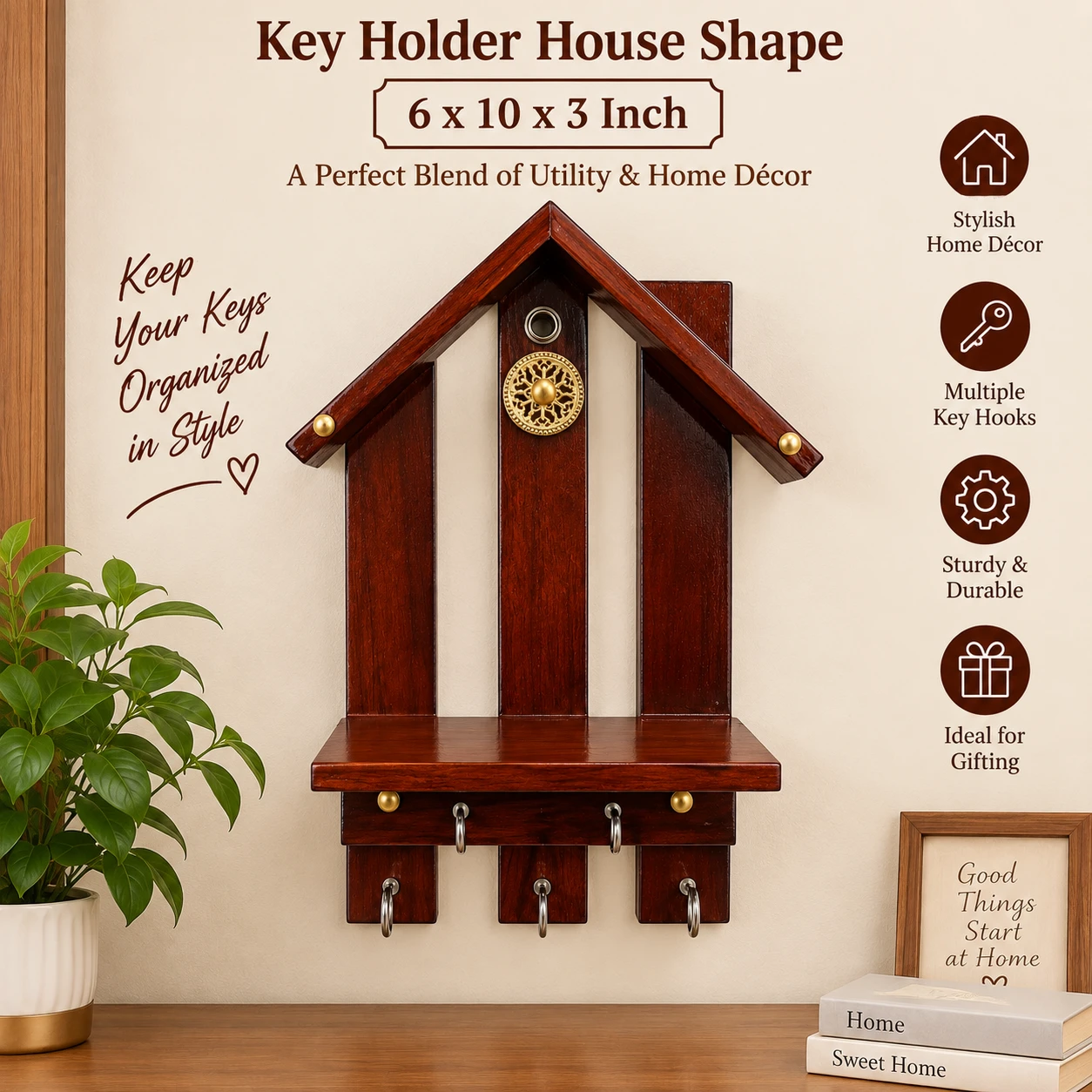 Key Holder House Shap – Wooden Wall Hanging Key Organizer - 6x10x3