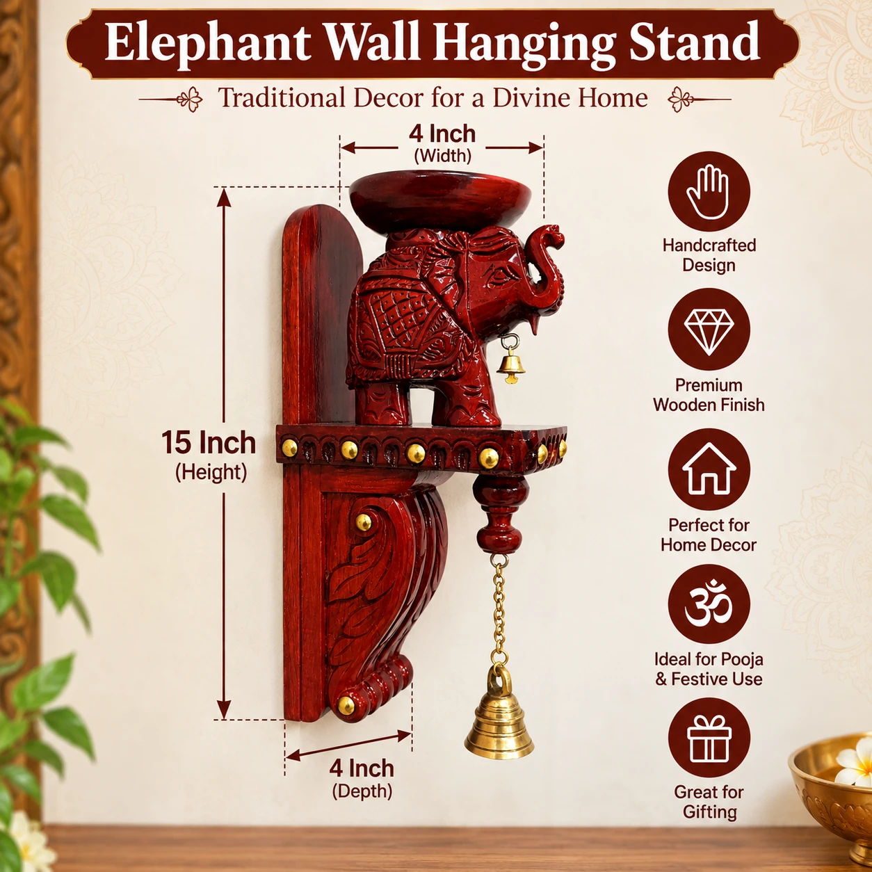 Elephant Wall Hanging Stand – Handcrafted Wooden Decorative Wall Shelf with Diya Holder